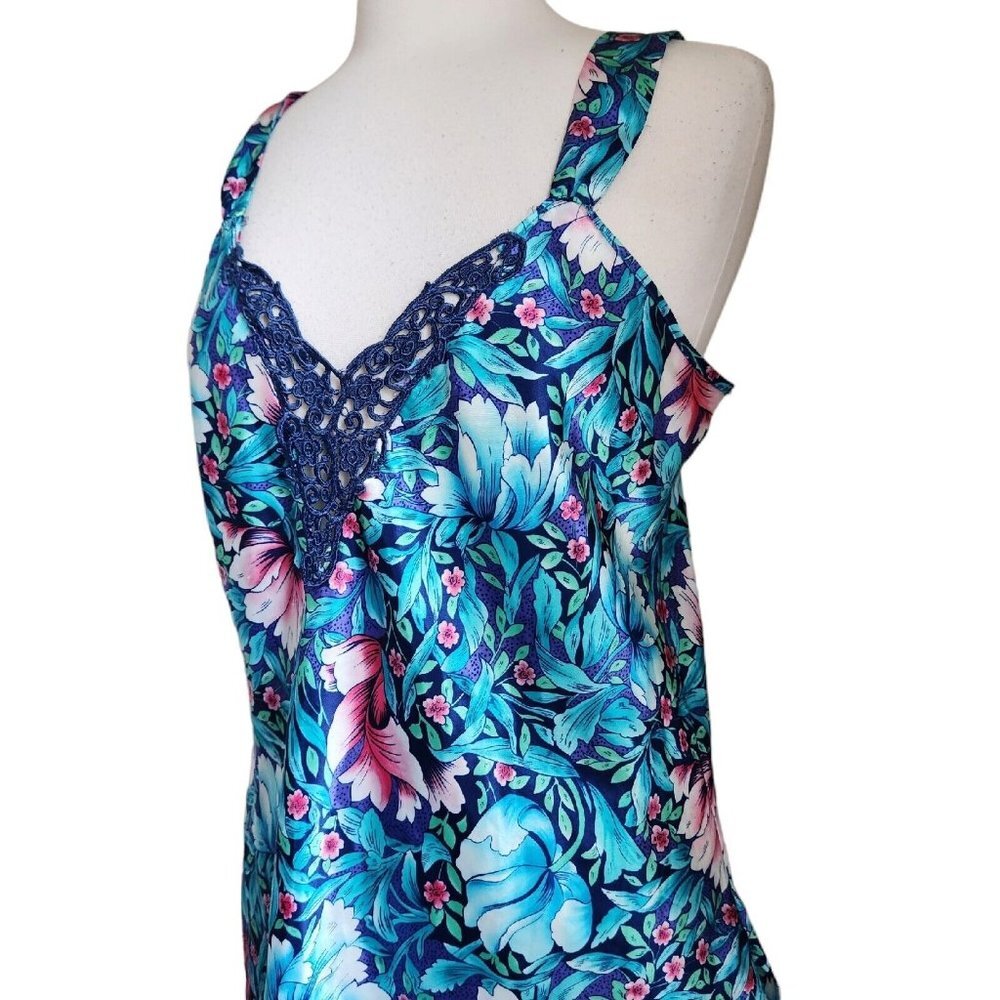 VTG California Dynasty Floral Satin Sleeveless Short Nightgown Size MEDIUM - Picture 2 of 12